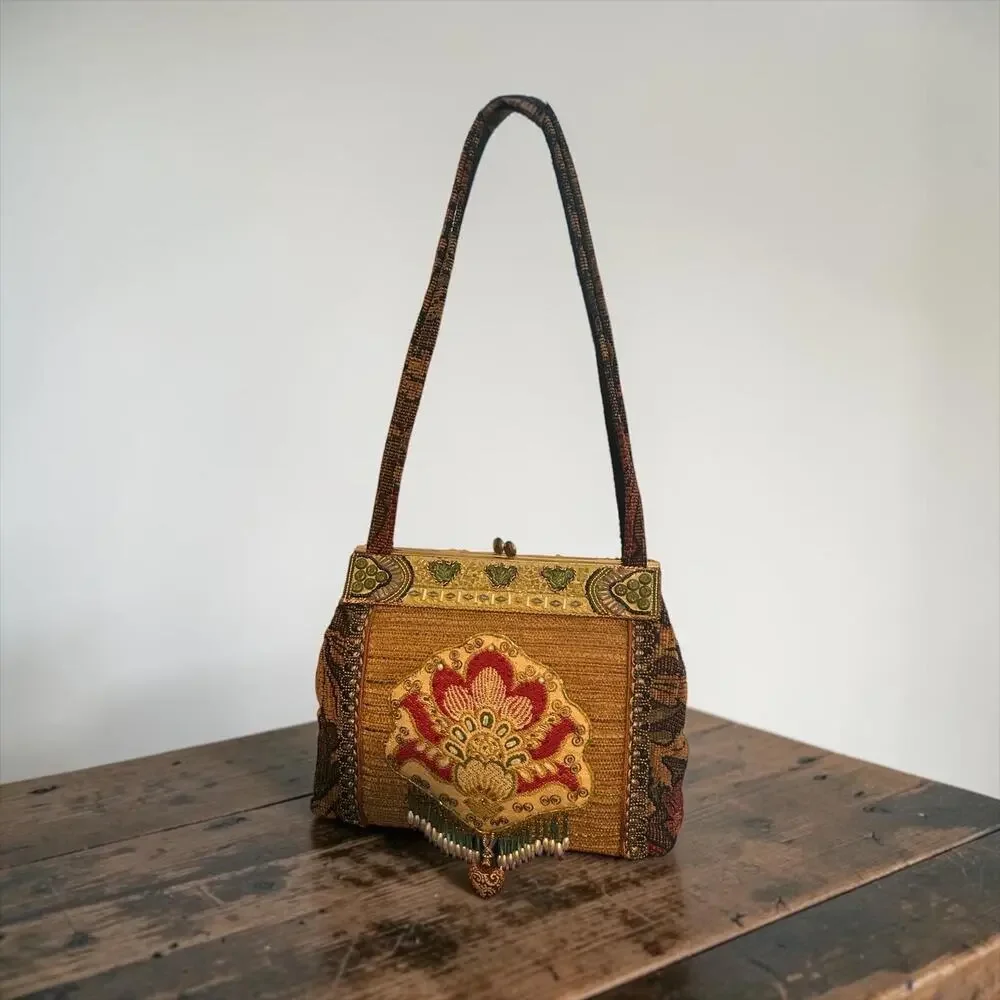 Mary Frances Beaded Floral Tapestry Kiss Lock Frame Bag Boho Embellished Bag